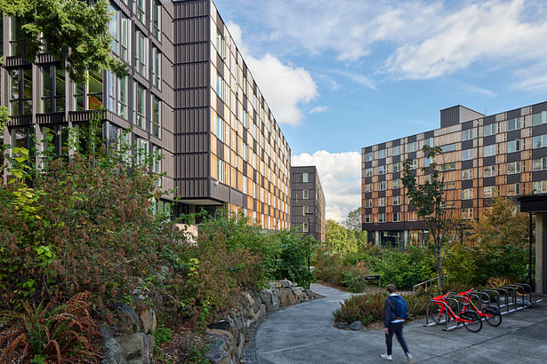 Situated on a natural plateau along a dramatically sloping site, the neighborhood prioritizes green space by reducing impacts on the landscape and maximizing solar orientation where possible. A mid-slope path made a challenging topography readily accessible to all. | © Bruce Damonte