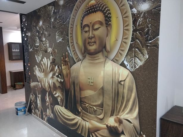 Customized peaceful Buddha theme wallpaper for drawing room made per size of wall by Aspire Interiors, most popular wallpaper sellers, suppliers, shops, retailers, wholesalers, Faridabad, Delhi