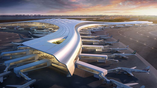 Dalian International Airport Design Competition entry rendering by Corgan, located in Dalian, China. Image: Corgan.