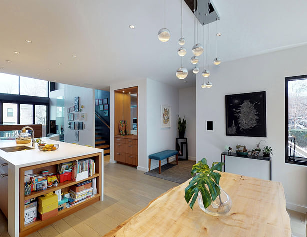 Kitchen Island with Built-In Bookshelves at End for Kids Toys and Games