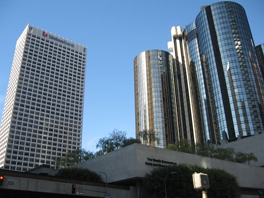 The Union Bank Plaza tower (left) has been landmarked in Los Angeles. Image courtesy of Wikimedia Commons / Selvingarcia.