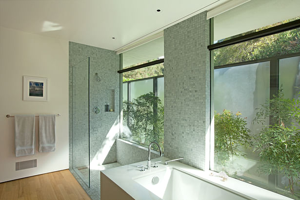 The master bathroom opens up to a private garden and ample light. A ‘wet-zone’ is denoted by mosaic marble.