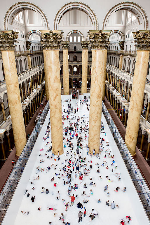 Snarkitecture's The BEACH was the 2018 Summer Block Party installation inside the Great Hall at the National Building Museum. Photo by Noah Kalina.