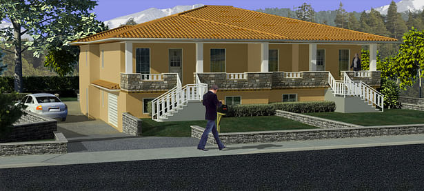 Home Rendering. Built in 3DS Max 2009 in July 2009. Used PhotoShop for texture creation and composition. Modeling and texuring all done by me. Car and tree models from free download library. Can see my work in the blog.