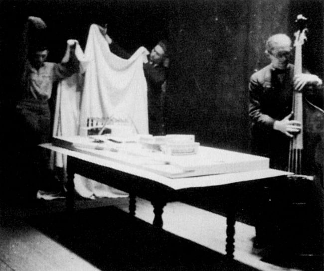 Le Corbusier and his assistants unveil his model for the Palace of the Soviets, 1931