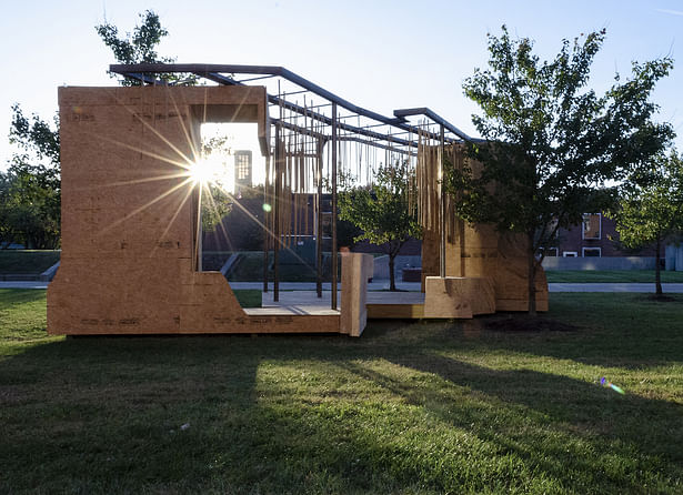 The First Christian Church Tower is framed through the structure, linking our intervention to the history of Columbus, and highlighting the vertical markers in the horizontal landscape. These verticals become a reference in our structure and patterns.