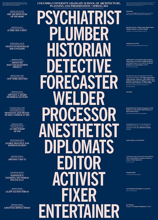 Columbia GSAPP Spring '14 Lecture Events poster. Image via arch.columbia.edu