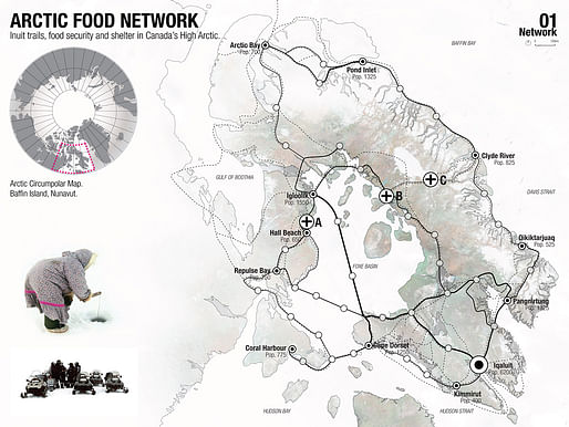 Holcim Gold Award: Regional food-gathering nodes and logistics network, Iqaluit, NU, Canada by Mason White, Lateral Office / InfraNet Lab, Toronto, ON, Canada in collaboration with Lola Sheppard and Fionn Byrne, Lateral Office / InfraNet Lab, Toronto, and Nikole Bouchard, Lateral Office / InfraNet Lab, Princeton, NJ, USA: Regional scale – Inuit trails, food security and shelter in Canada’s high arctic.