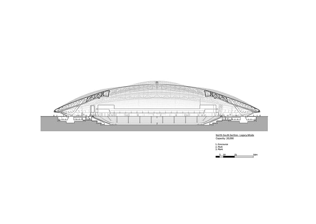 Al Janoub Stadium, North-South Section - Legacy Mode. Image courtesy of Zaha Hadid Architects.