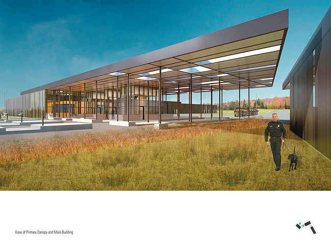 Holcim Bronze Award: Energy and water efficient border control station, Van Buren, ME by Julie Snow and Matthew Kreilich, Julie Snow Architects, Minneapolis, MN: View of primary canopy and main building.