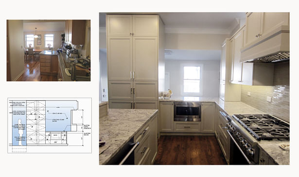 Before and after images of kitchen renovation with new island in place of former load-bearing wall.