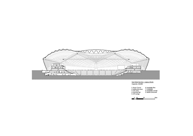 Al Janoub Stadium, East-West Section - Legacy Mode. Image courtesy of Zaha Hadid Architects.