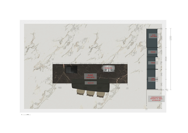 Kitchen Design Orthographic Top view - Marble top, hanging breakfast nook, Lacquered doors, Miele Induction cooker, Wood veneer cabinet doors