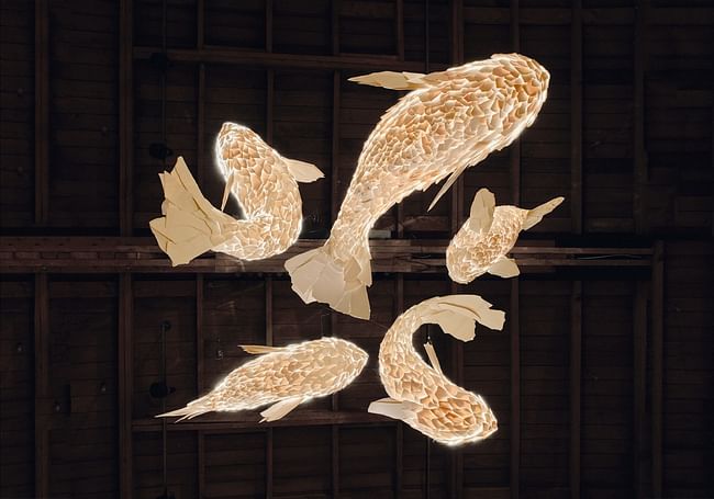 Installation view, Frank Gehry- Fish Lamps, Gagosian Gallery, Beverly Hills, January 11–February 14, 2013