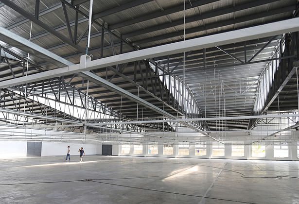 Oblique interior view of the rhombus- shaped skylights.