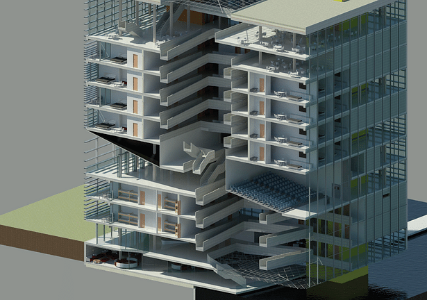 Three-dimensional section of the building, with the two atriums, auditorium and different parts of the building.