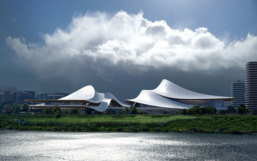 Zhejiang Shaoxing Shangyu District Cao’e River Culture and Art Centre. Rendering: Proloog, image courtesy ZHA.