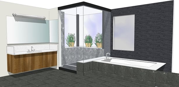 The master suite bathroom features dark grey tiles in marble, basalt, and slate, and rosewood cabinetry.