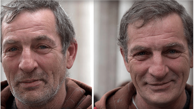 A homeless individual before and after receiving a free shave. Credit: Alessandra Tarantino / AP