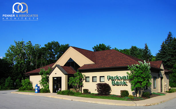 Parkvale Bank (Peters Township) - First prototype design for Parkvale Financial Corporation's stand-alone drive-thru branch bank. This version was designed with a front and side entrance to the barrel vaulted banking hall.