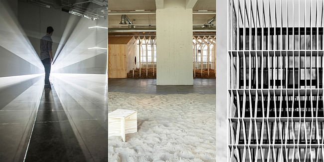 2015 Wheelwright Prize finalists' work (left to right): Quynh Vantu: Variable Measure, installation, 2014, Photo: Ben Premeaux; Malkit Shoshan: Zoo, or the Letter Z, just after Zionism, exhibition, 2011, Photo: Johannes Schwarz; Erik L'Heureux: design of a factory building facade in Singapore, 2009–12, Photo: Kenneth Choo.