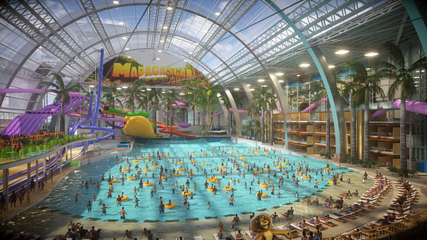 DreamWorks themed Interior render of Water Park wave pool