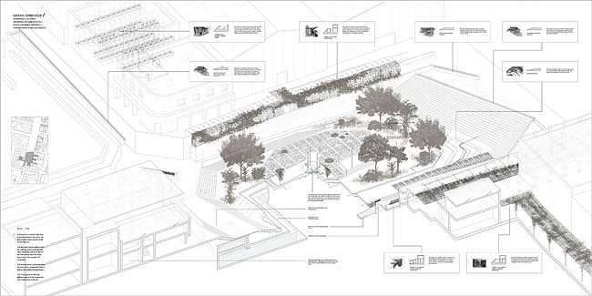 Isometric cutaway of urban hub. To enhance the area surrounding the hub the design was developed using the relationship between site and edge condition of the intervention to allow social choreography and take advantage of environmental conditions. This urban hub allows for more points of access and provides shortcuts to some programs, but the cleanliness aspect is still strongly emphasized through out. For example there are compulsory hand and foot washing areas at all entrances. The planted...