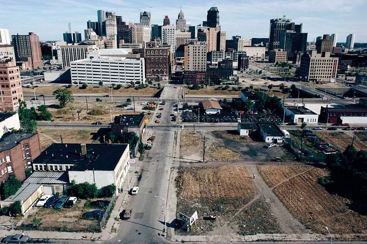 Downtown Detroit, 1991. At the time of this photograph, Detroit had the highest concentration of abandoned skyscrapers anywhere in the world. Image: Camilo Jose Vergara