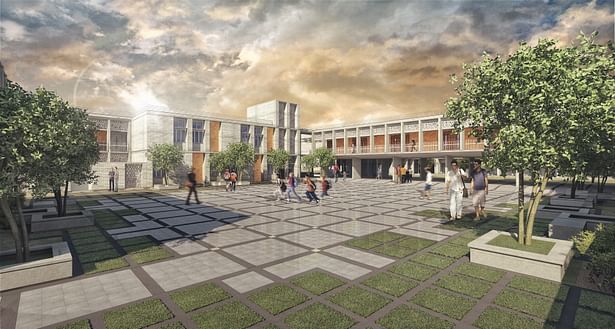 The Cultural and Academic Center blocks are placed in between the classroom blocks modulating the courtyards and giving them each a distinct character. Each courtyard was assigned a function based on its spatial qualities which guided its landscape design. 