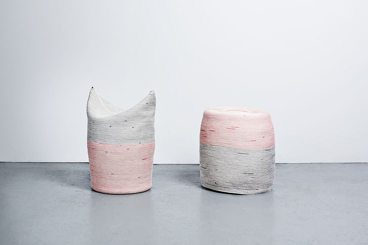 'Two Stools' stitched cotton rope, wood, flexible foam, 2012. Photo by Michael Popp