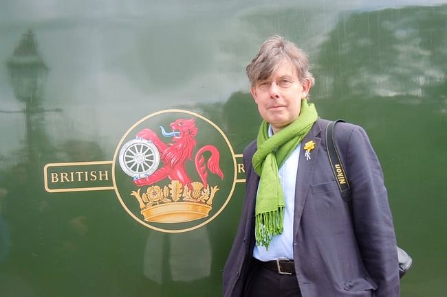 Gavin Stamp on a steam excursion in 2014. Photo- Rosemary Hill