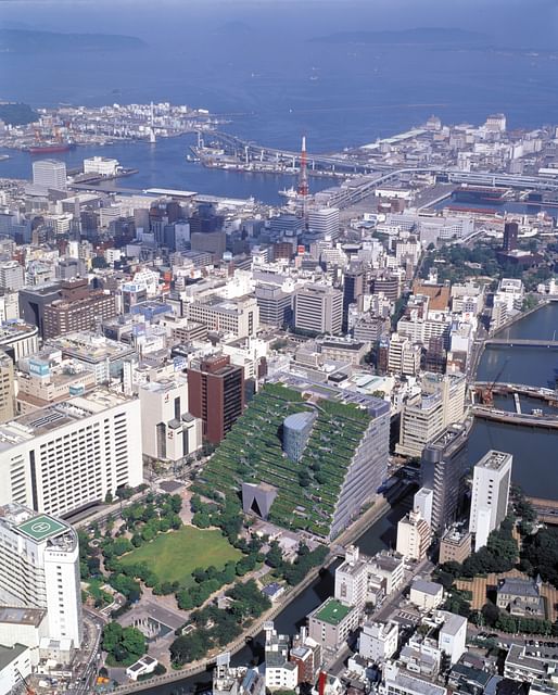 Emilio Ambasz (Argentine, born 1943). Prefectural International Hall, Fukuoka, Japan. 1990. Aerial view. 1990. Collection Emilio Ambasz. Photograph: Hiromi Watanabe/Courtesy of MoMA. 
