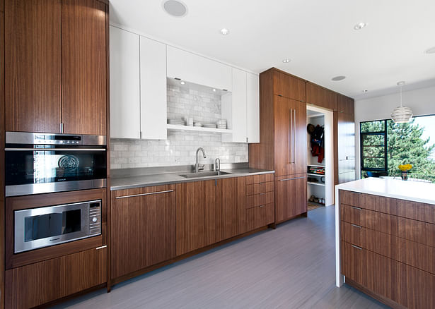 Kitchen walnut wall with concealed appliances