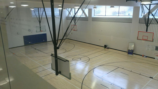 View from lobby down into gymnasium.