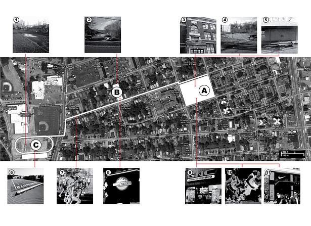 (1-5) Existing conditions. The Strategy: (A,B,C) 3 sites of intervention, (6-11) Examples of restoration, activity, and commercial development