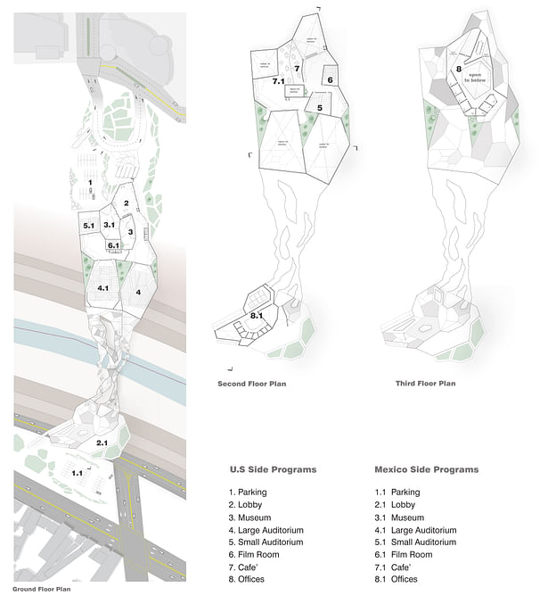 Floor plans showing the different functions throughout the building. 