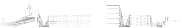 sectional drawing from fenway park to the residential part of the fenway area. the rendered moments highlight the architectural change within the neighborhood