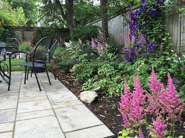 Traditional patio and perennial plantings.