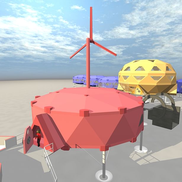 The stations plant module is where all the energy for the plant is generated, as well as where all the waste water is treated. Above the module is a large wind turbine that takes advantage of Antarctica's high katabatic winds. The module is isolated between the two bridge modules to ensure that the rest of the modules experience minimal ammounts of sound and air polution.