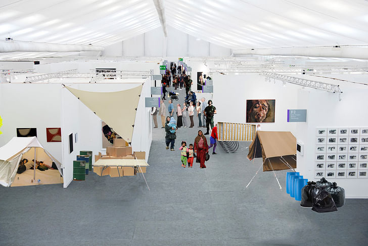 The architecture of the art fair is strikingly similar to that of a refugee campus with the addition of champagne bars, oil paintings, and consumer goods encased in lucite. Photo-collage by the author.