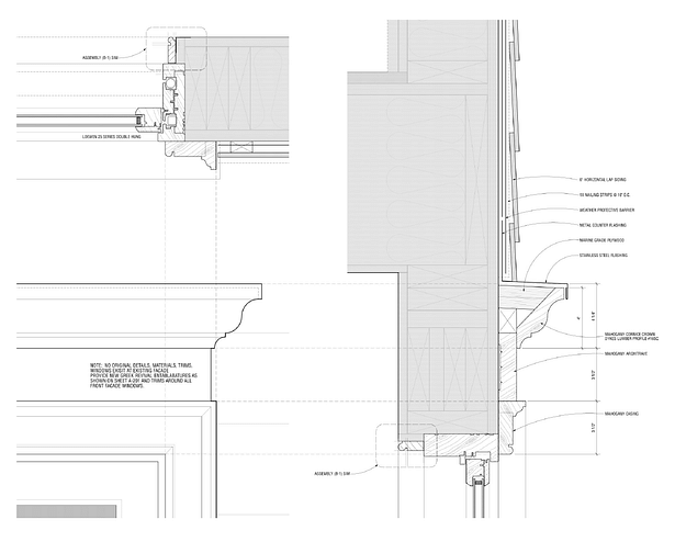 Details Showing Restoration of Historic Entablature and Windows