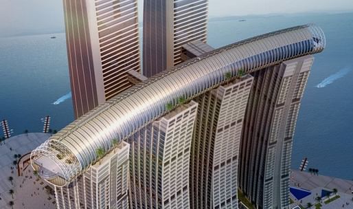 The curved accordion-shaped Conservatory sky bridge is 300 meters long and soars 250 meters high up—a new world record. Image: CapitaLand.