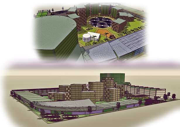 The development with an areal view into the residential community; rendered in Sketchup and edited in Photoshop
