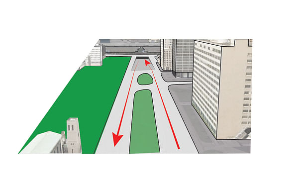Existing traffic acts as a barrier between downtown and the waterfront plaza.
