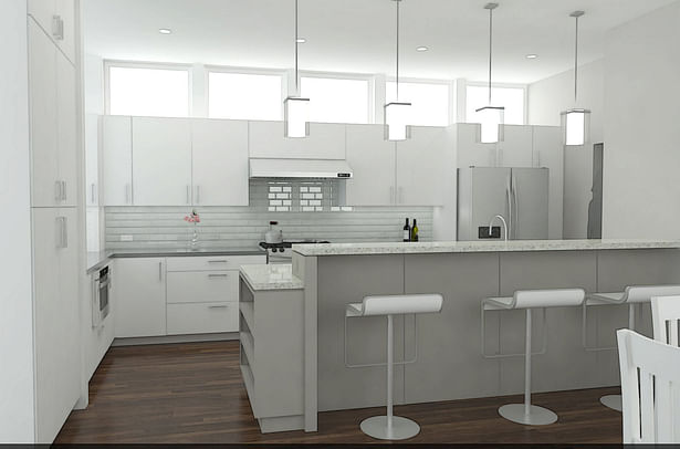 Proposed design rendering of kitchen.