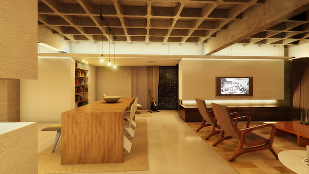 Interior night view of dining/living with open library in the background