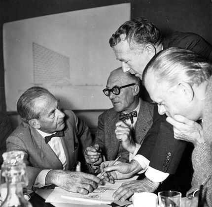 Portrait of Walter Gropius, Le Corbusier, Sven Markelius, and Marcel Breuer, 1952. Image: RIBA Collections.