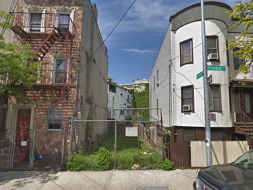 A narrow, 663 square foot vacant lot in the Bronx, where architects will be asked to present housing prototypes and urban infill design strategies.