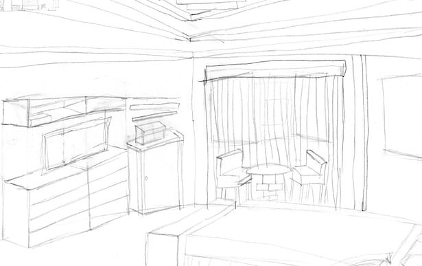 This quick sketch is of a bedroom with detailing on the ceiling.
