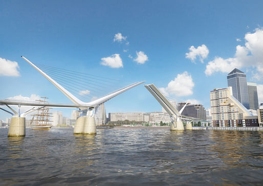 reForm Architects have registered their design for a new Thames-spanning pedestrian and cycle bridge between Rotherhithe and Canary Wharf, "a place desperately short of cross-river connections" according to Wainwright. Credit: Reform Architects/Elliott Wood